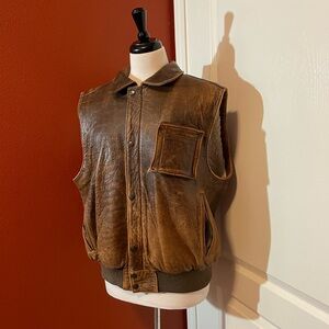 Adam Spencer Men’s Vintage Brown Leather‎ Sherpa Lined Distressed Bomber Vest